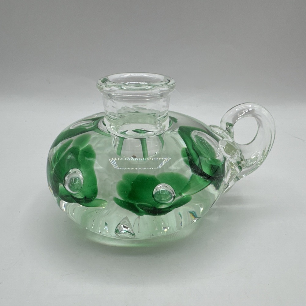 Vintage Joe Rice Green Paperweight Candle Holder Finger Lamp Art Glass Bubble